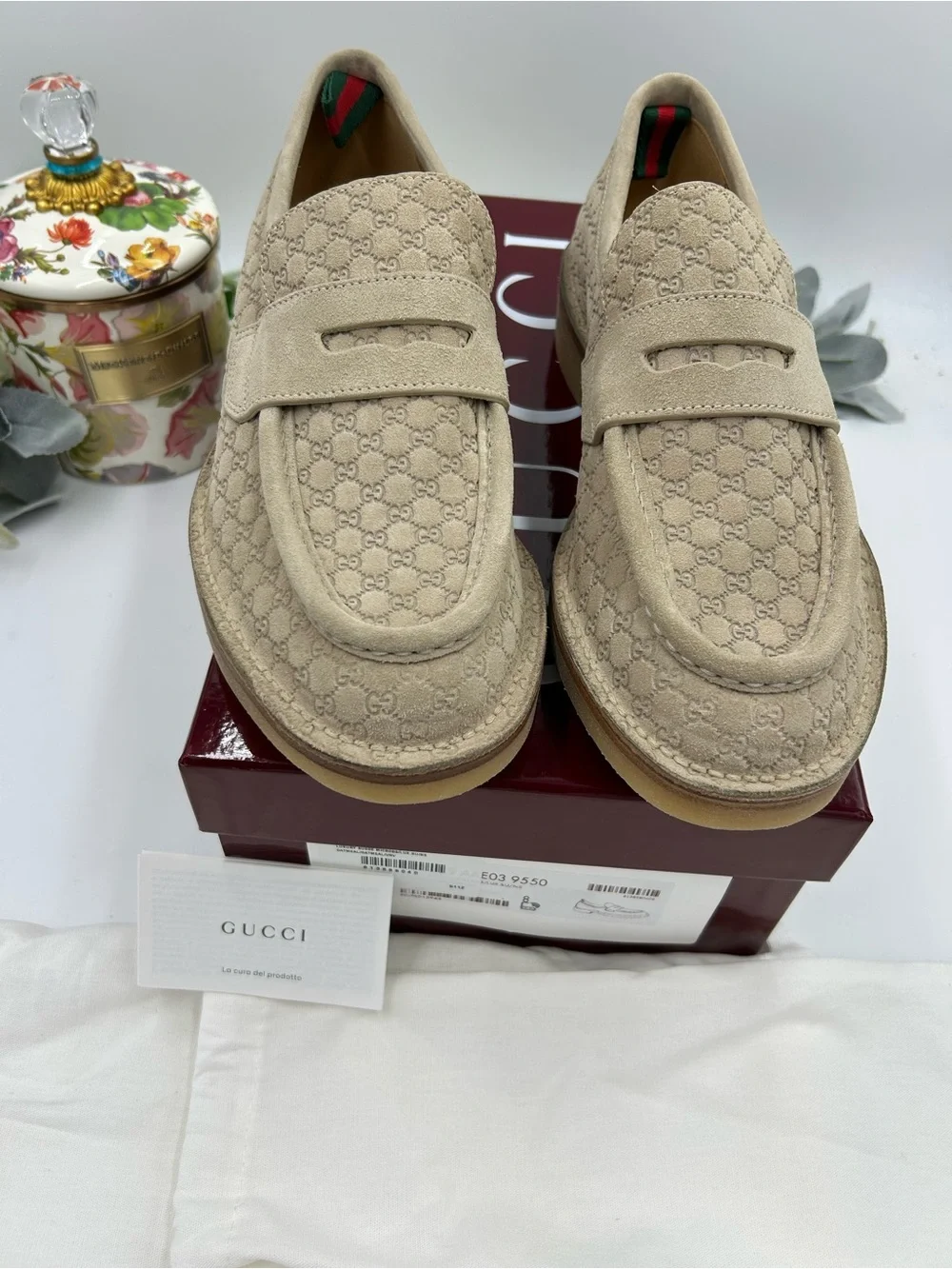 Gucci Men's oatmeal Suede GG Logo Penny Loafers size 8 fits 9 US made in Italy